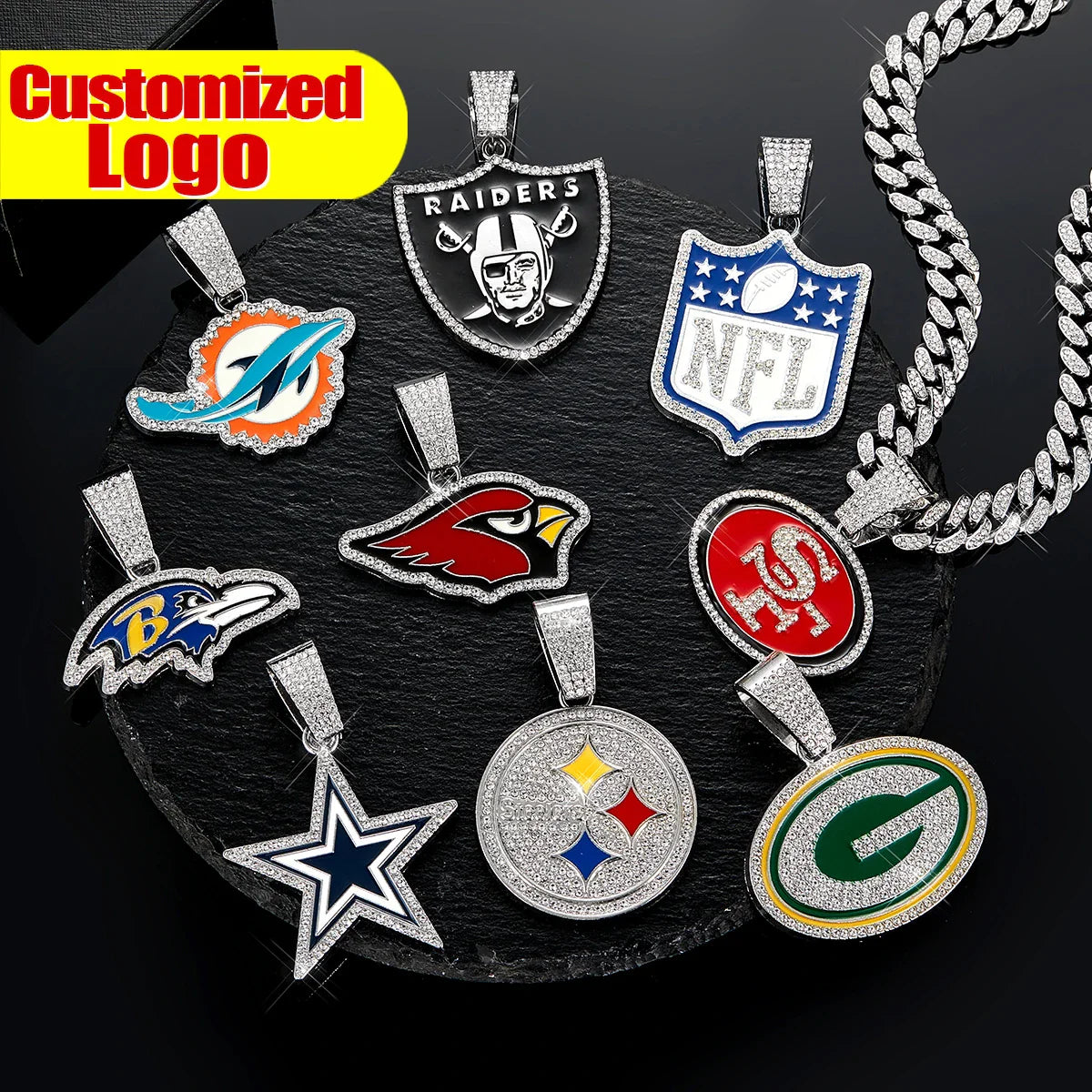 Sports Customized LOGO Pendant Necklace with Iced Out Cuban Chains for Football Fans Birthday Gifts